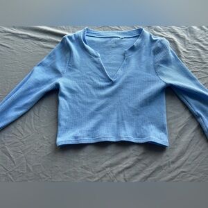 Women's Blue V-Neck Ribbed Top